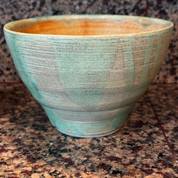 2 Studio Art Pottery Nesting Bowls Handmade Signed JM Green/Yellow Rust Stonewar - Picture 3 of 15